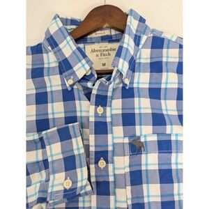 Y2K Abercrombie Fitch Mens Muscle Blue White Plaid Button Up Shirt Moose Size M